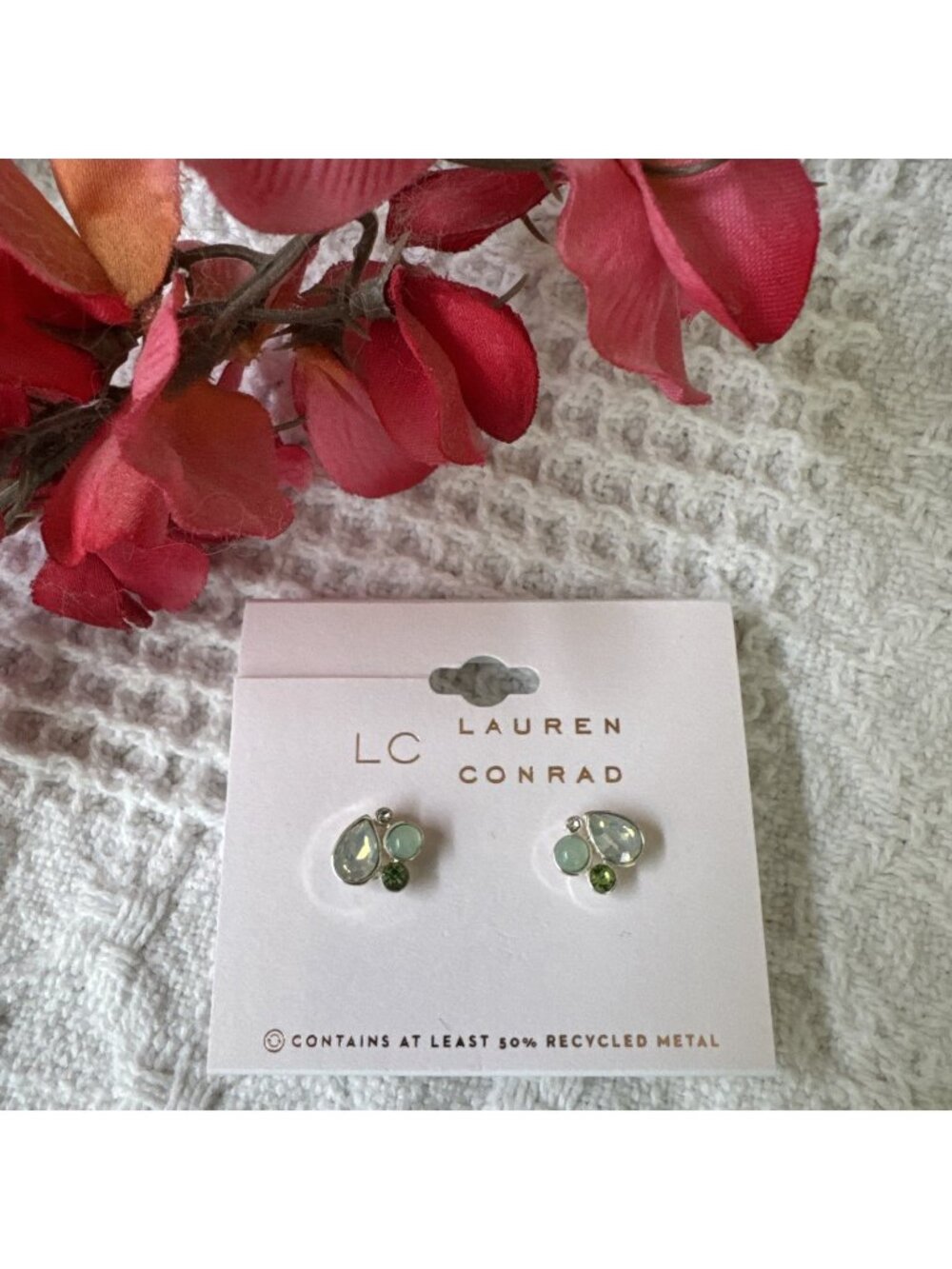 LC Lauren Conrad Blue Green Rhinestone Teardrop Earrings Studs Silver Tone NEW